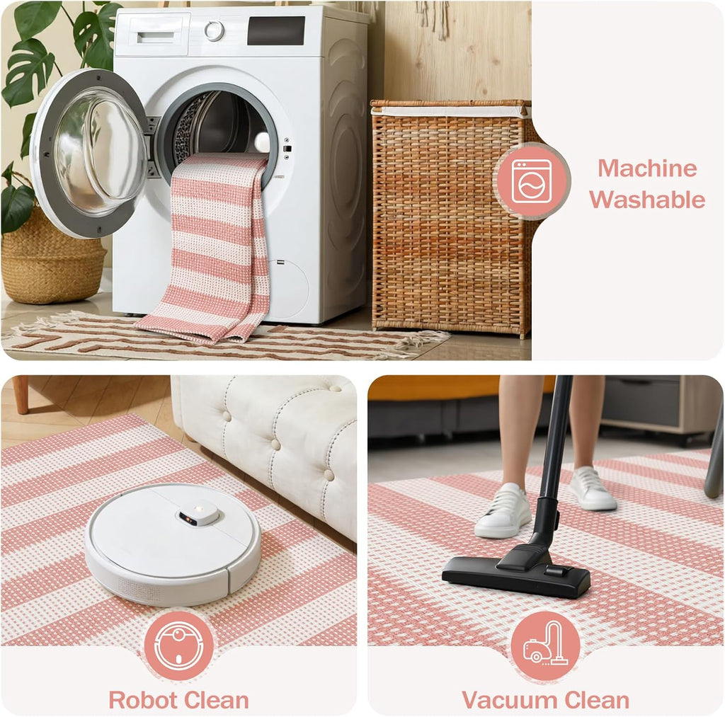 Washable Pink Woven Area Rug, Natural Striped Cotton Living Room Rugs Low Plie Non-Slip Outdoor Patio Rug, Modern