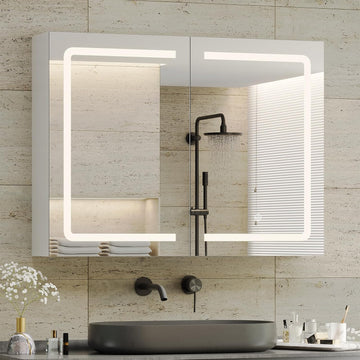 Medicine Cabinet with Mirrors and Storage 31.5''x23.6'' Wall Mounted Bathroom Mirror Cabinets with Led Lights Double