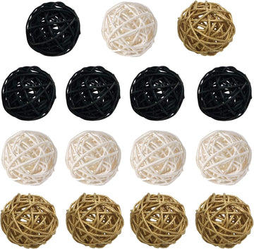 Pcs Mixed Gold Black White 2" Wicker Rattan Balls Decorative Orbs Vase Fillers for Craft Project,Wedding - Set of 15