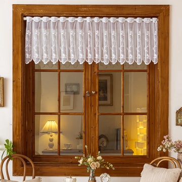 Vintage Lace Sheer Valance Kitchen Curtains 18 Inches Long 2 Panels, Semi Sheer Scalloped Floral Embroidered Over