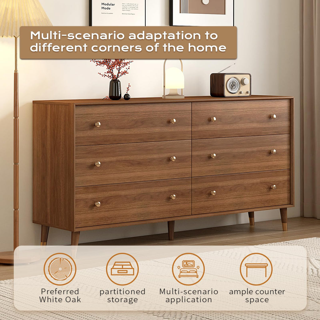 Mid Century Modern 6-Drawer Dresser, 55 Inch Solid Wood Frame Chest, Walnut