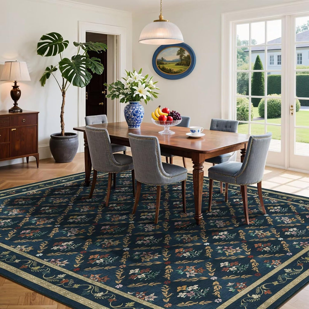 Blue Floral Rugs 5x7 Area Rugs, Non Slip Stain Resistance Washable Vintage Large Area Rug, Low Pile Checkered