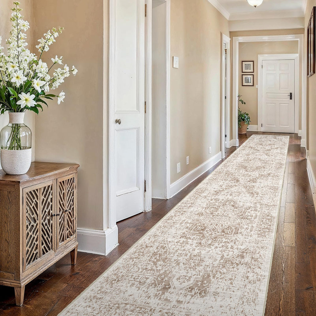 2'6"x16 Washable Long Runner Rug: Vintage Non Slip Hallway Rug IvoryBeige