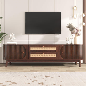 Rattan TV Stand for TVs up to 75", Modern Farmhouse Media Console with Multi-Functional Storage, Boho Entertainment