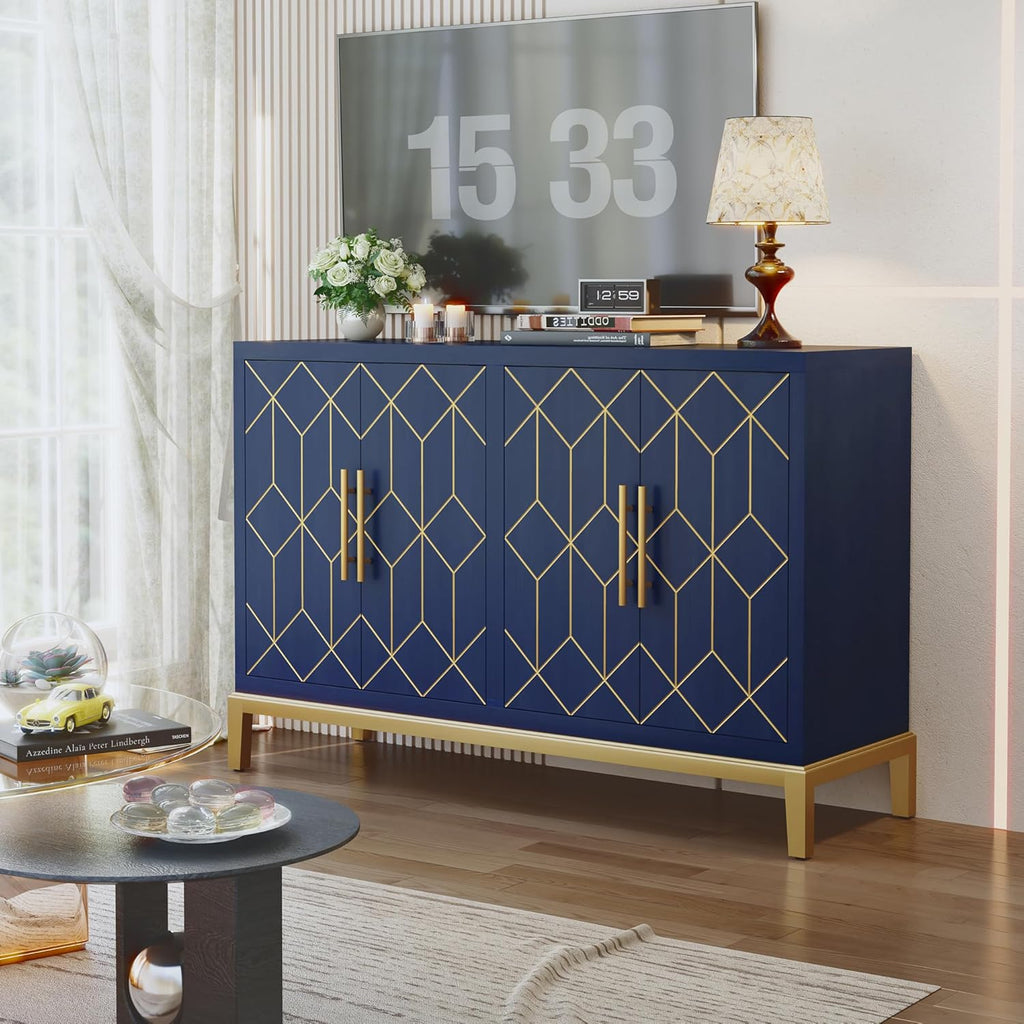 48" Accent Cabinet with 4 Doors and Shelves, Modern Credenza Storage Cabinet with Gold Trim