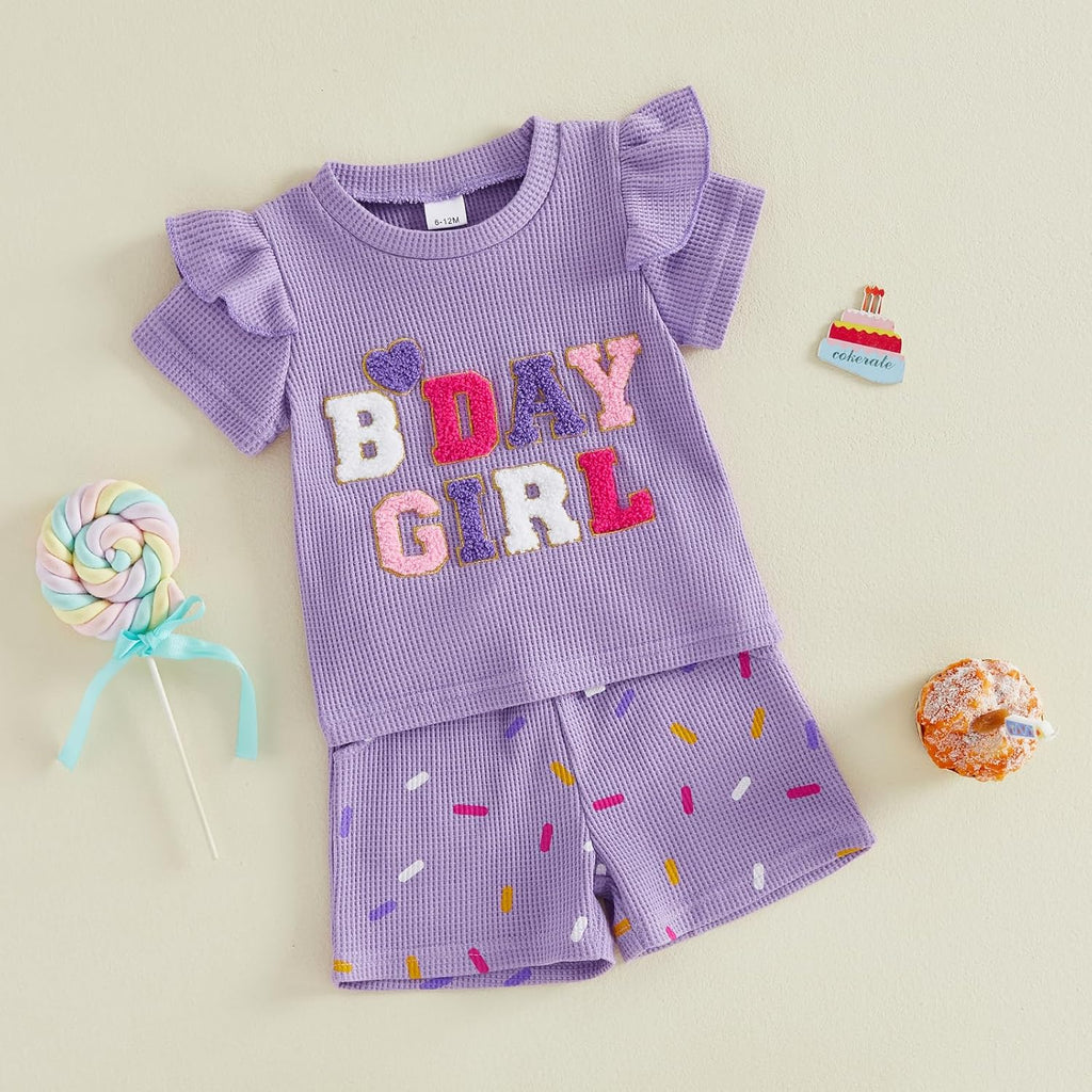 Toddler Baby Girl Birthday Outfit Donut Birthday Girl Shirt Ruffle Sleeve T-shirt Top Shorts Set Cute Summer Clothes