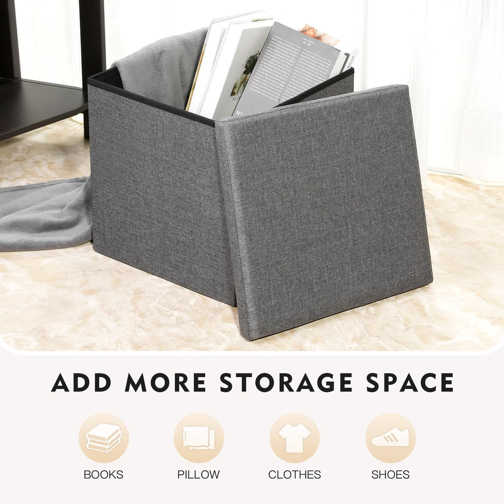 Storage Ottoman with Tray, 16" Linen Small Ottomans Cube, Grey