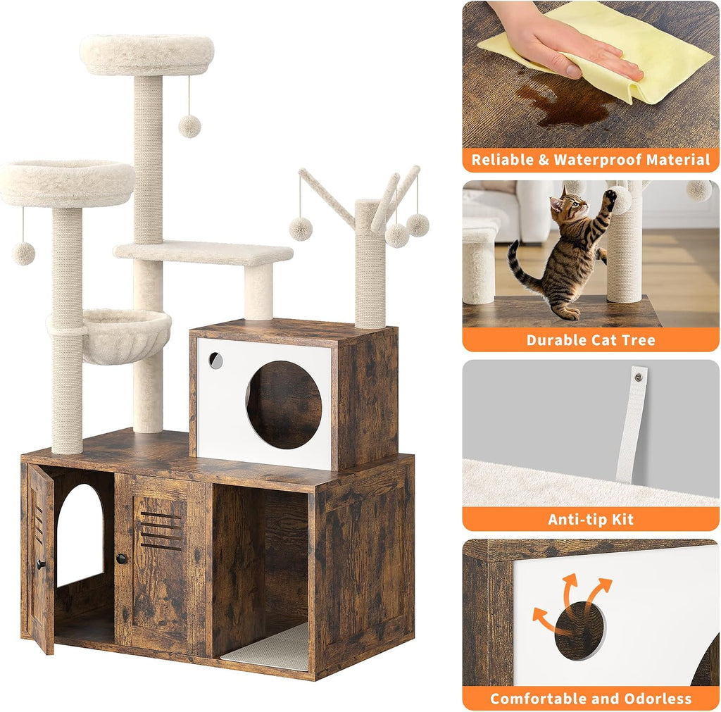 Cat Litter Box Enclosure with Tree Tower and Condo, Hidden Pet Washroom Furniture with Sisal Scratching Post, Hammocks