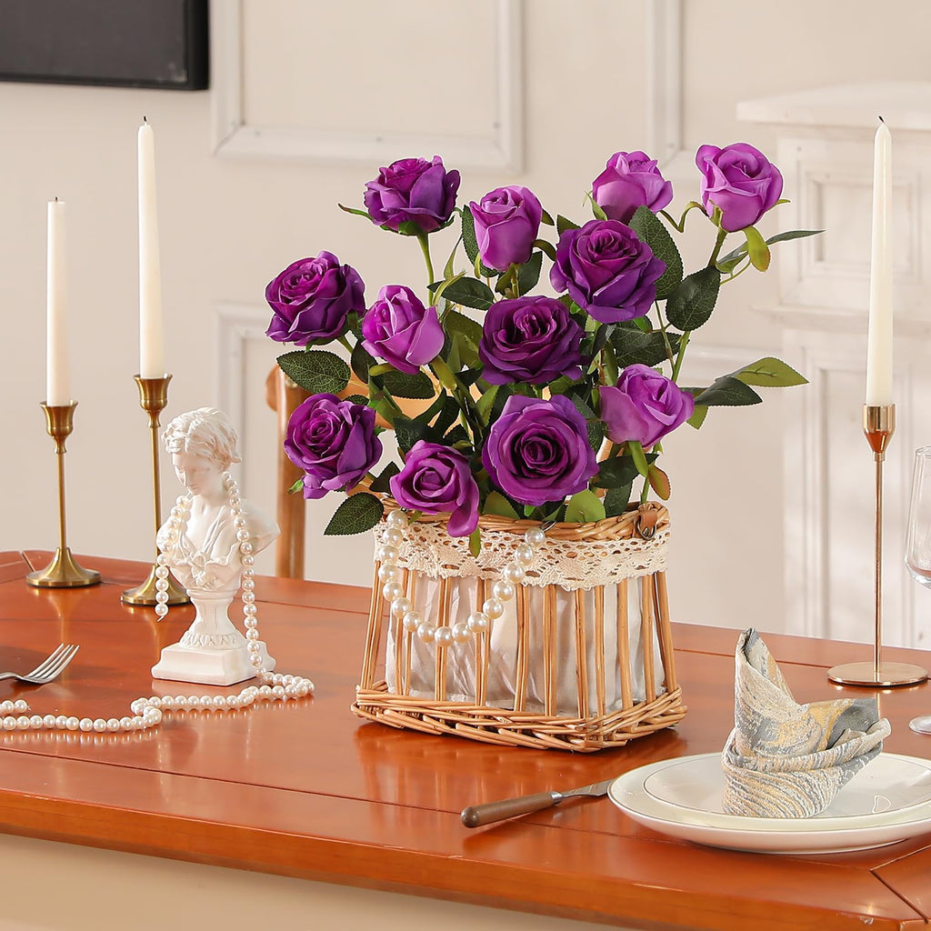 12PCS Artificial Silk Flowers Realistic Roses Bouquet Long Stem Wedding Decoration Party (Purple, 6 Flowers 6 Buds)
