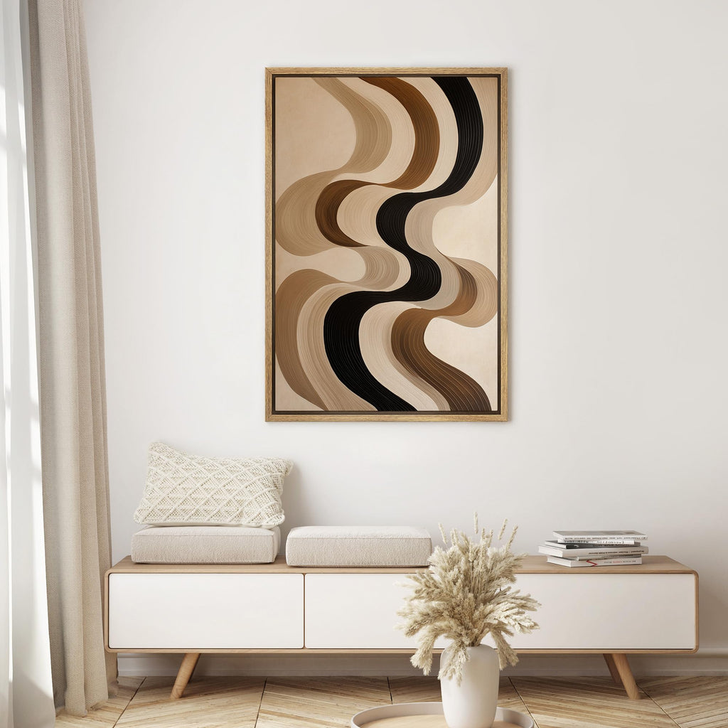 Framed Framed Canvas Wall Art Neutral Wave Abstract Textured Modern Multicolor - 24"x36" Natural