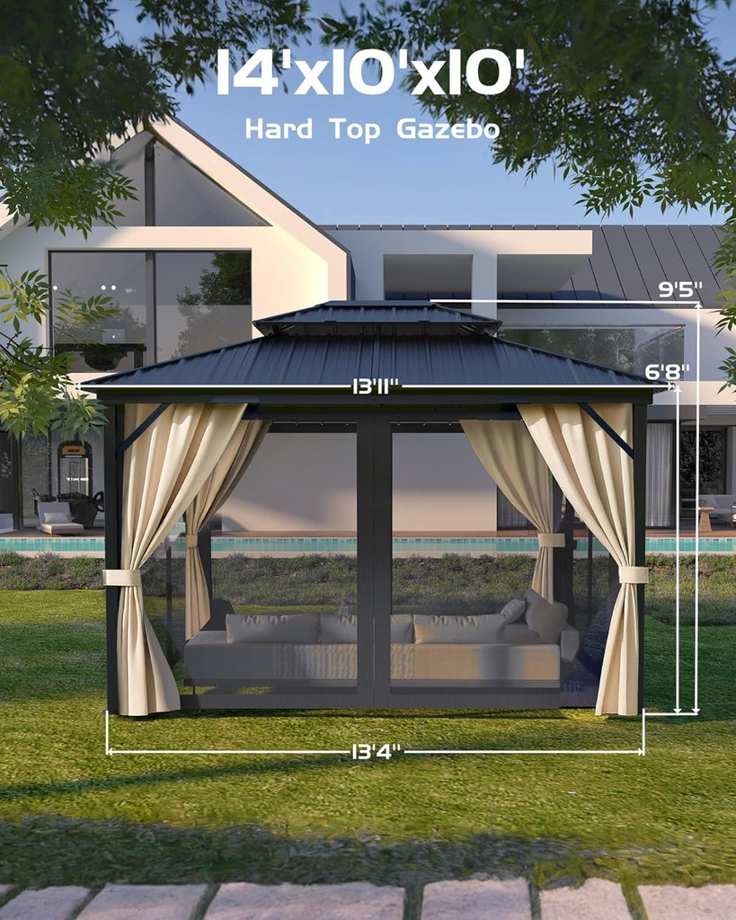 GarveeLife Hardtop Gazebo 10 ft x14 ft for All Weather, with Double Metal Roof, Aluminum Alloy Frame, Net, and Curtain