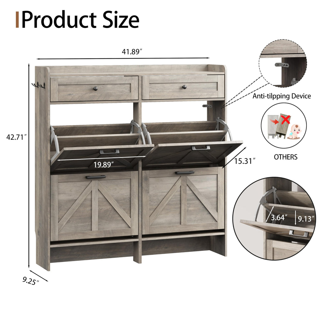 Shoe Cabinet with 4 Flip Drawers & 2 Top Drawers, 43" Tall Freestanding Narrow Wooden Shoe Storage Organizer, Hidden