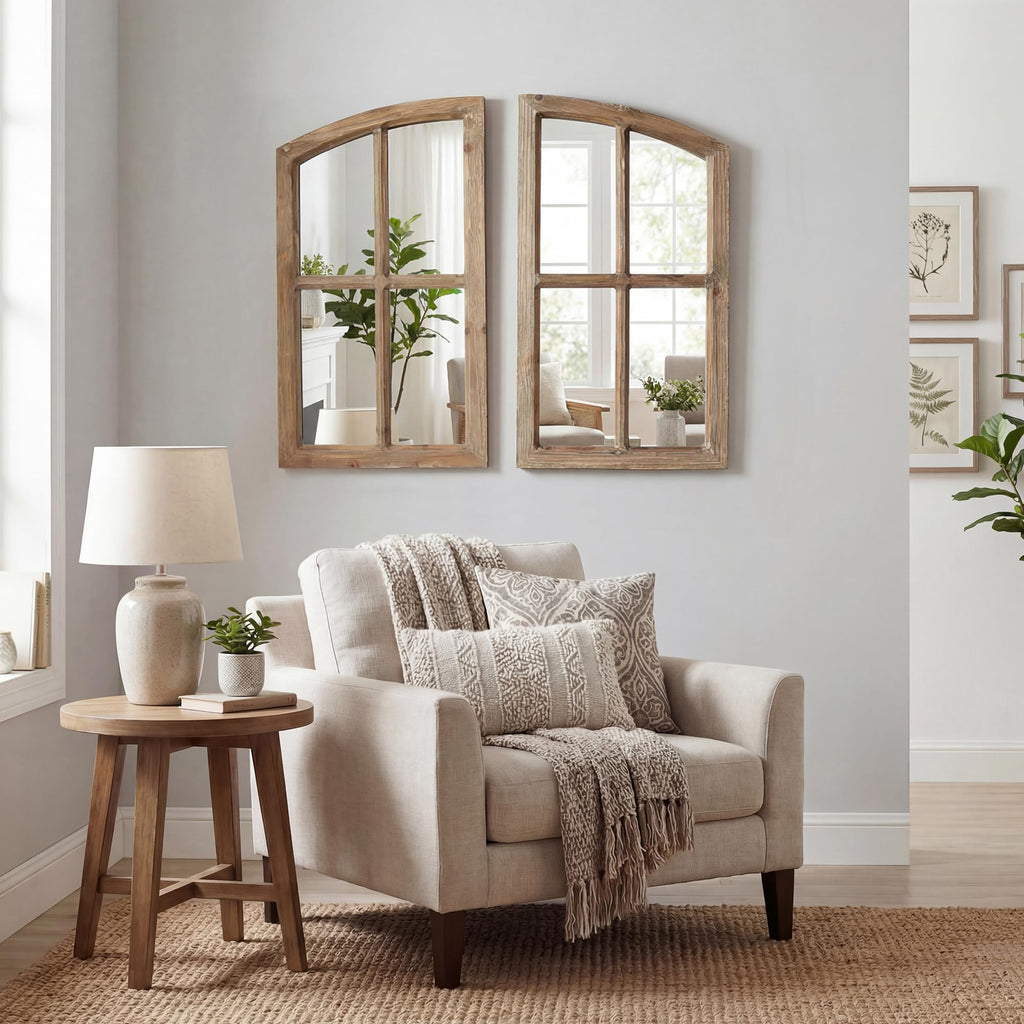 Farmhouse Arched Window Wall Mirrors with Rustic Wood Frame