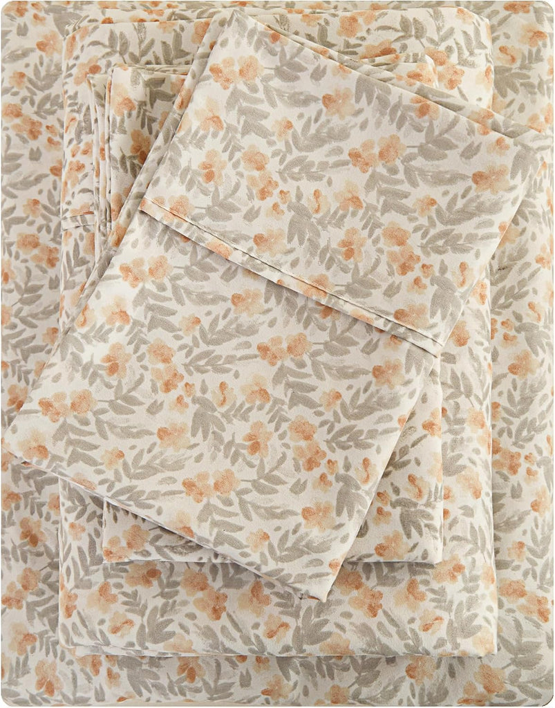 Floral Queen Sheet Set - 4 Piece Vintage Light Orange Flower Patterned Bed Sheets - Soft, Breathable Microfiber