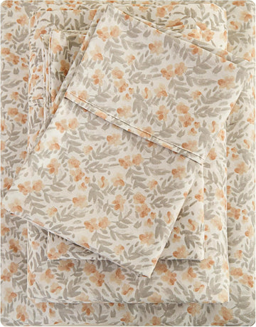 Floral Sheet Set - 4 Piece Vintage Light Orange Flower Patterned Bed Sheets - Soft, Breathable Microfiber