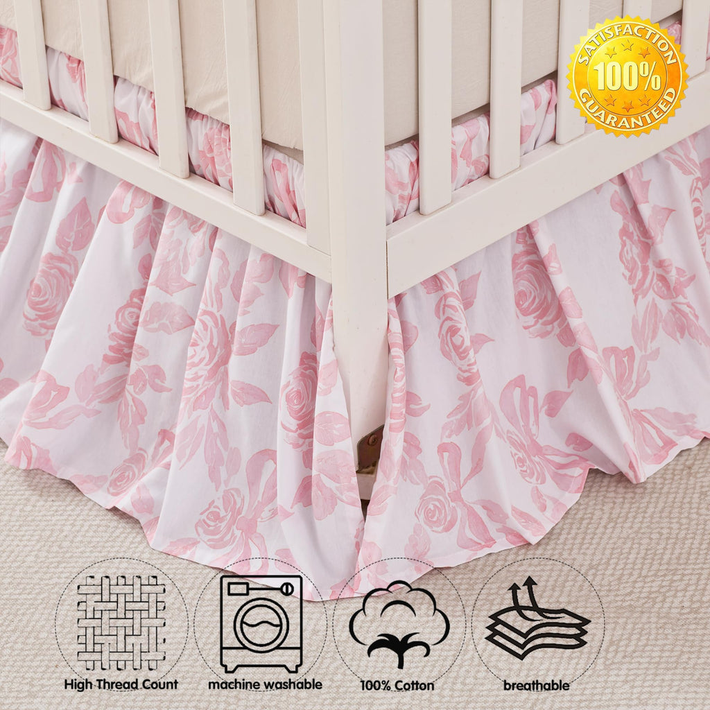 Organic Cotton Crib Skirt Dust Ruffle, Baby Girl Crib Bed Skirt, 4-Sided, Luxury French Vintage Pink Rose Floral &