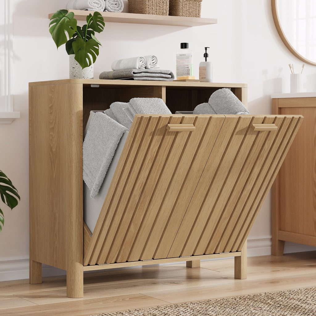 Double Tilt Out Laundry Hamper Cabinet, 11.8 Gallon Gradien Fluted Hidden Trash Cabinets with 2 Baskets Kitchen &