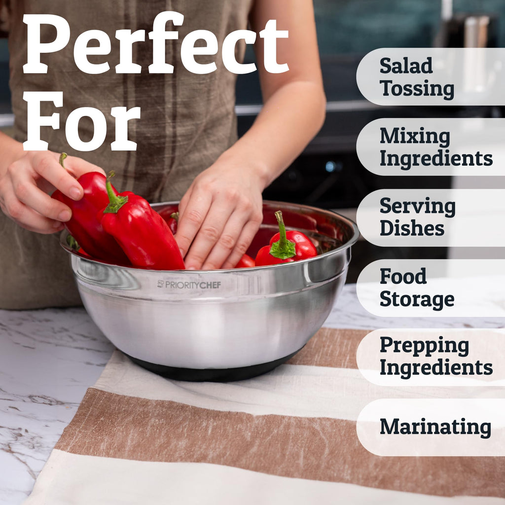 6Pc Stainless Steel Mixing Bowls with Lids Set, Huge 7 Qrt Size Metal Bowl Set, 3 Graters, Non-Slip Bases & Silicone