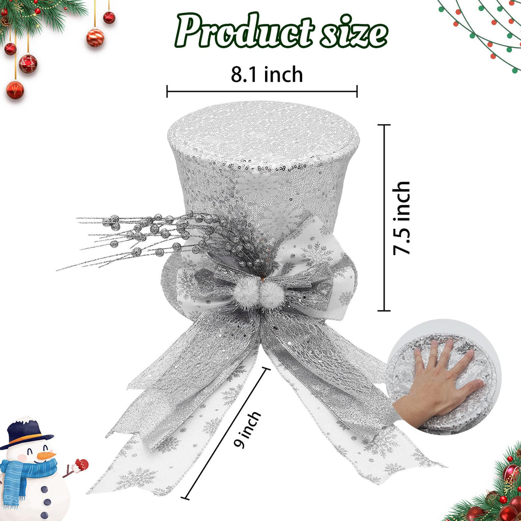 Christmas Tree Topper Hat with Bow, Glitter Top Hat Ornament with Wired Bow