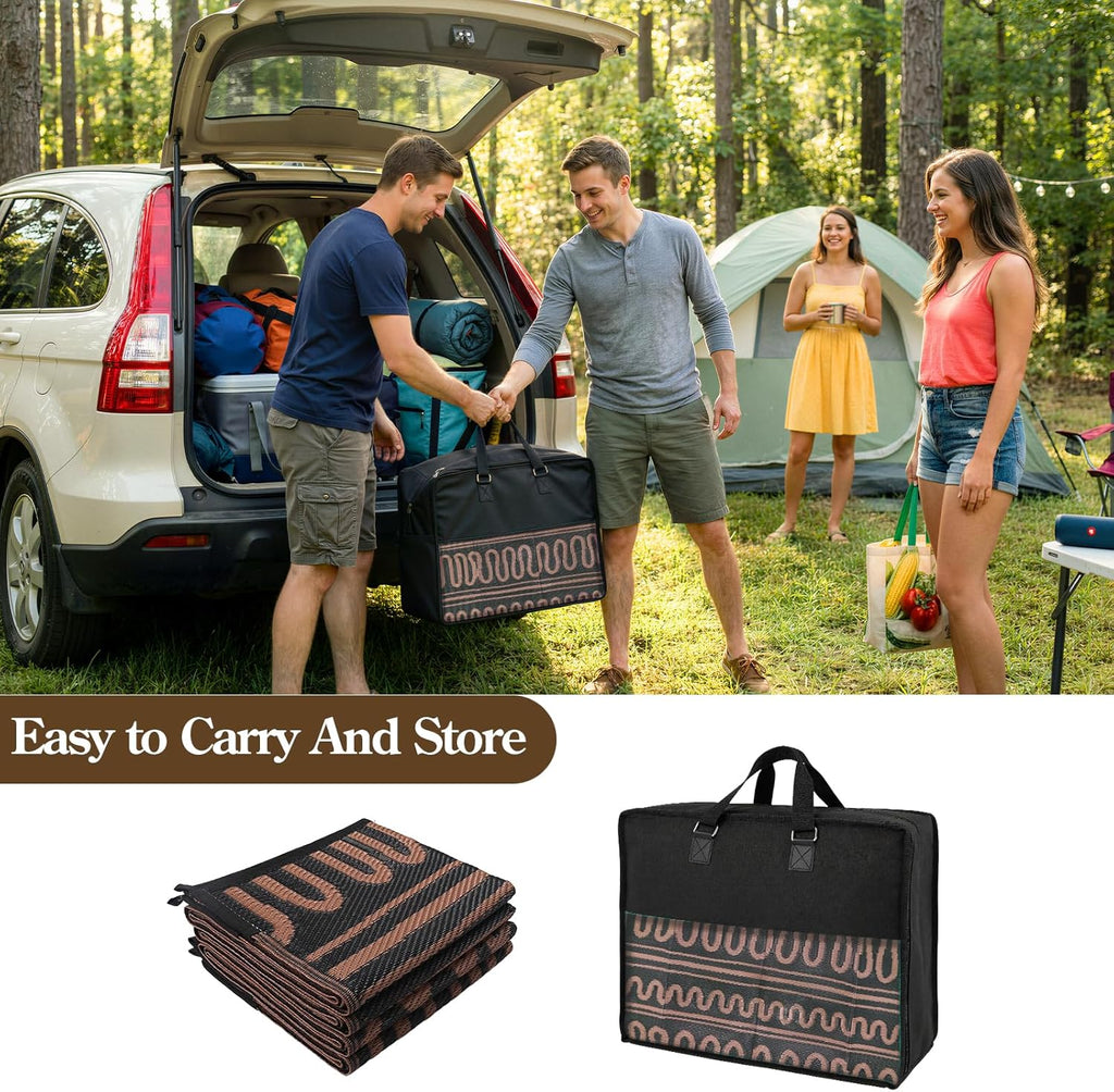 Outdoor Rug Waterproof, Reversible Plastic Straw Rug for Deck, Backyard, RV Camping, Black Brown