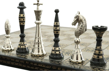 Solid Brass Metal Tribal Artwork Warli Luxury Chess Pieces & Board Set- 12" - Silver & Black... - Set of 32