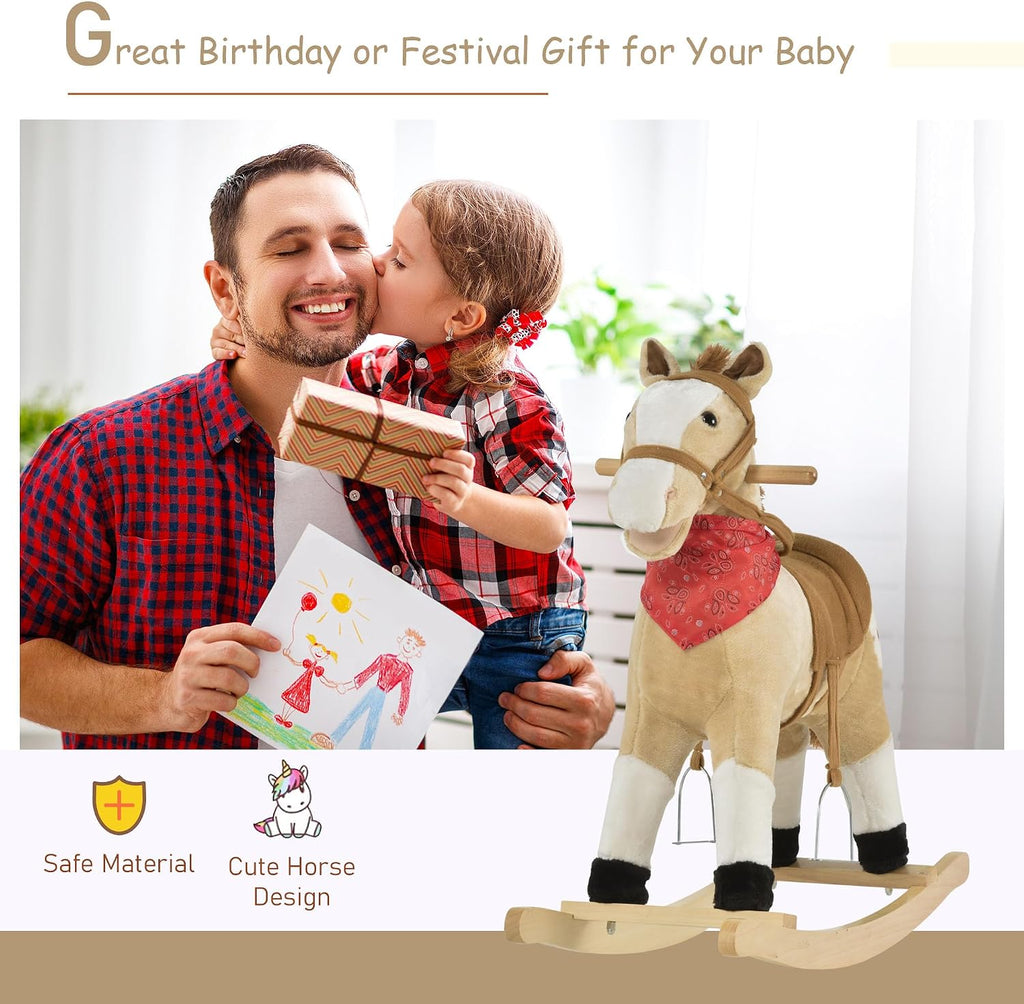 Kids Plush Ride-On Rocking Horse Toy with Fun Realistic Sounds Beige