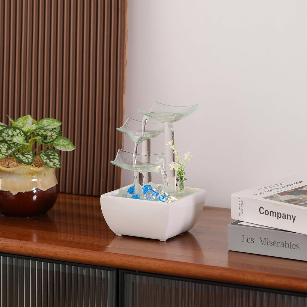 Ceramic and Glass Tabletop Fountain and Home Decoration Table Desk Office Patio White