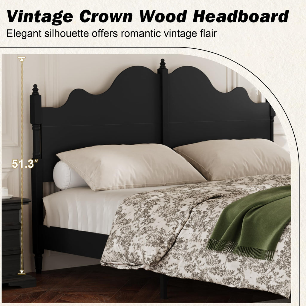 Vintage Bed Frame with Curved Headboard, Black Wood Platform Bed