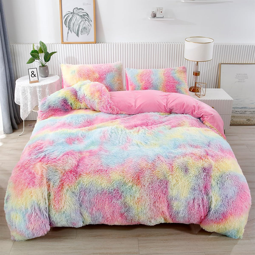 Pink Plush Shaggy Bedding Sets Full 3 Piece Fluffy Faux Fur Girls Comforter Set Soft Tie Dye Velvet Furry Rainbow
