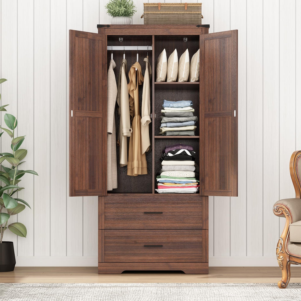 2 Doors Wardrobe Armoire Closet with Doors and Drawers, Farmhouse Wooden Armoire Storage Cabinet with Shelves &