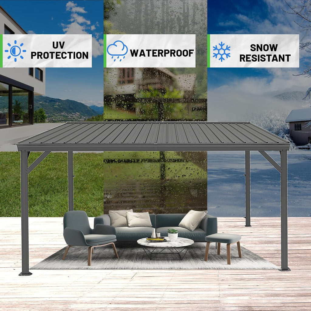 10x14FT Lean to Gazebo, Outdoor Hardtop Wall Mounted Gazebo with Gutter & Sloping Galvanized Steel Roof