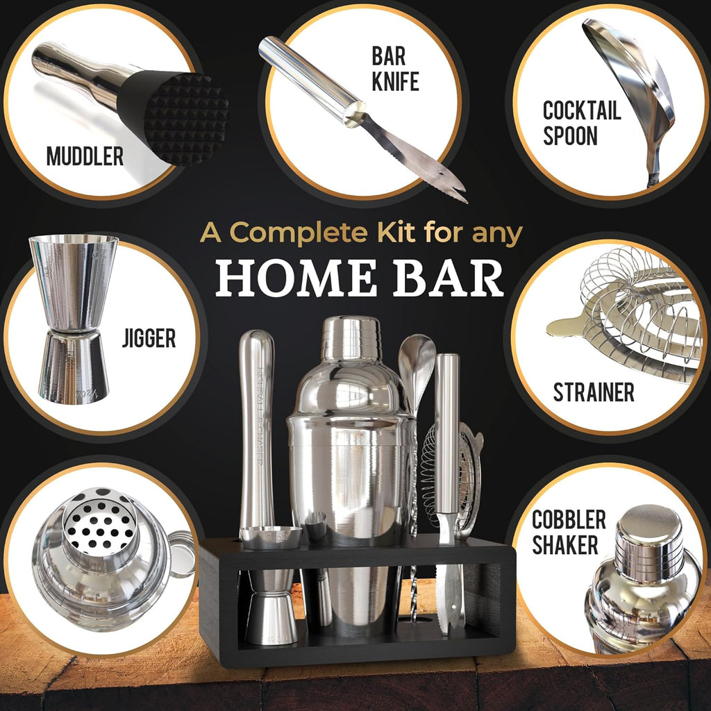 Cocktail Shaker Set: Bartender Kit Bar Mixology Cocktail Bar Set Plus E-Book with 30 Recipes (Silver)