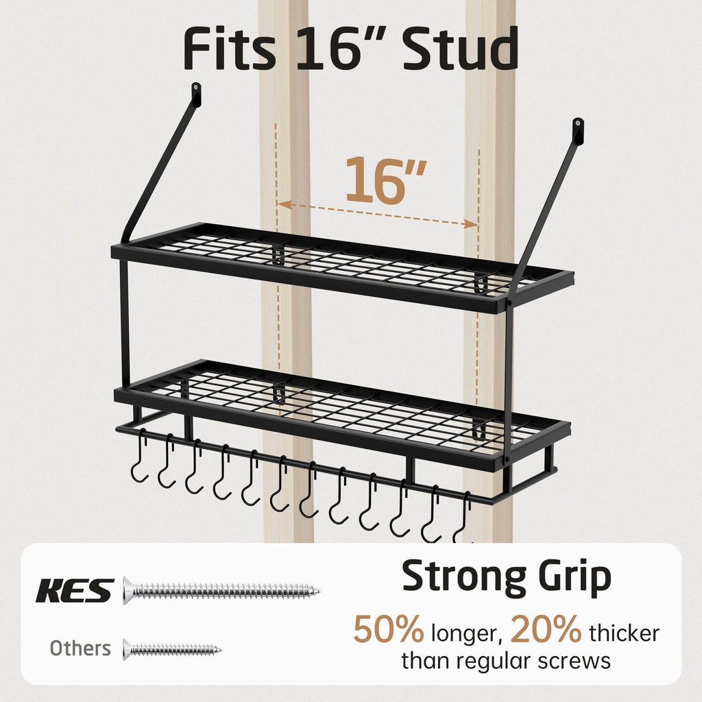 Kitchen Pot Rack - Mounted Hanging Rack Storage and Organization - Matte Black 2-Tier Wall Shelf with Guard