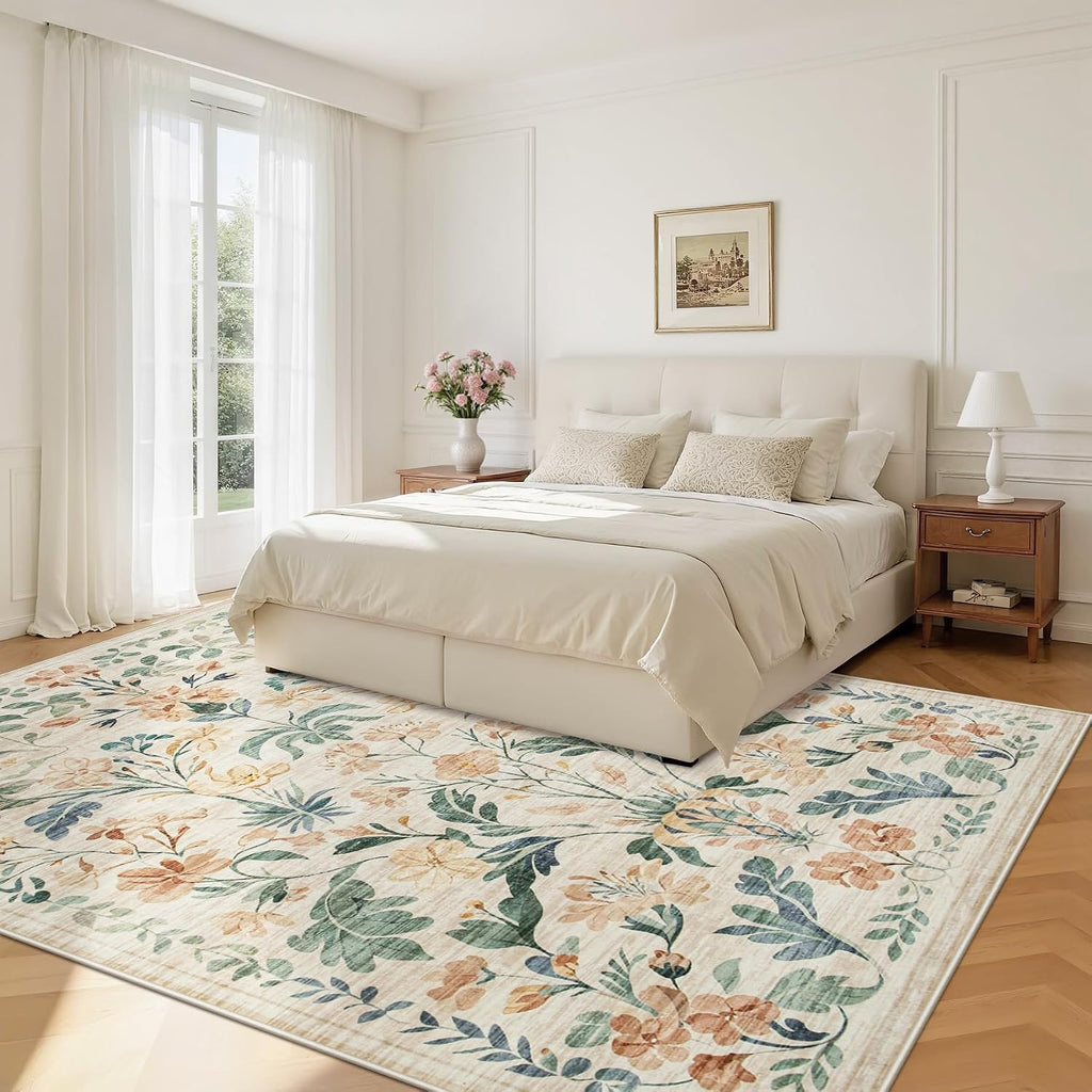 5x7 Area Rugs Boho Floral Washable Living Room Rug Neutral Carpet Nursery