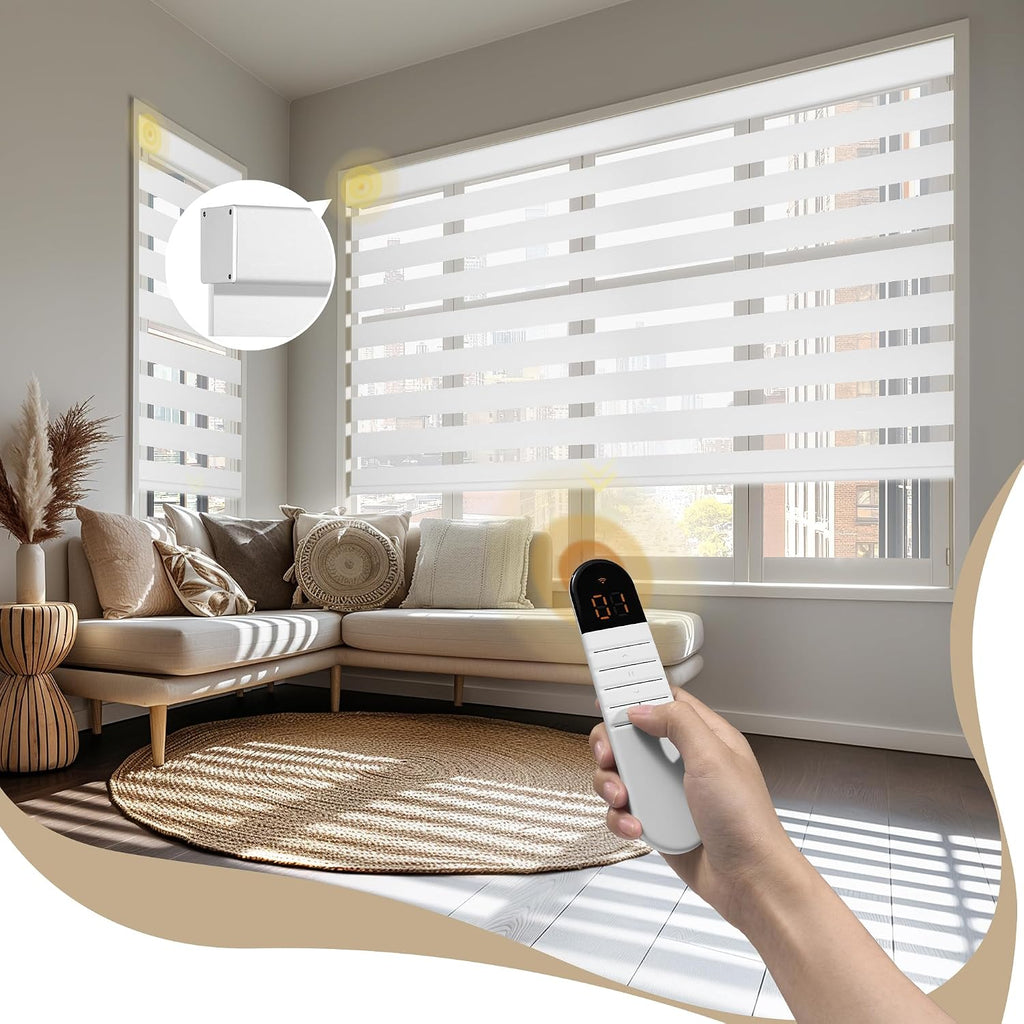 Motorized Zebra Blinds with Remote, 95% Blackout Zebra Roller Window Shades, Wireless Electric Zebra Blinds, Built in Rechargeable Motor Window Blinds. for Home, White, Custom Sizes