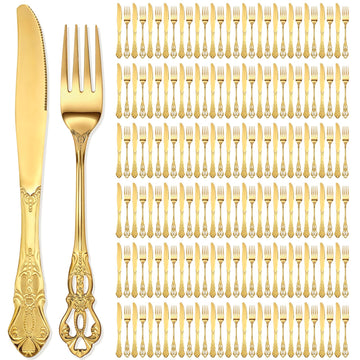 200 Pcs Forks and Knives Cutlery Set Stainless Steel Steak Knives Forks Flatware Royal Silverware Set for Wedding
