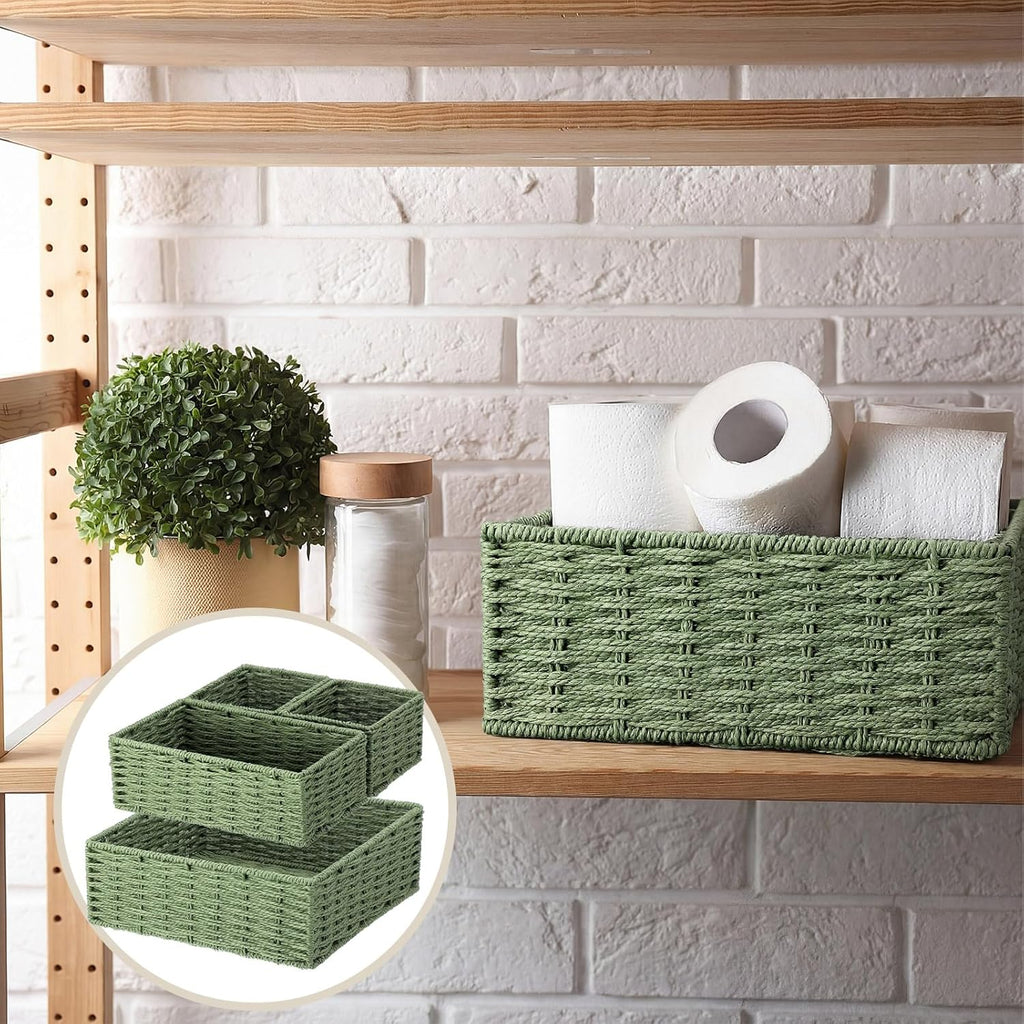 Sage Green Storage Baskets Set 4 Pack Rustic Paper Rope Woven Decorative Basket Organizer in 3 Size Storage Bin Box