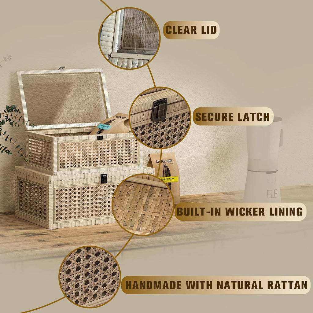 Decorative Box,Rattan Display Boxes with Lids-Rectangular Decorative Storage Box Set,Natural Woven Storage - Set of 3