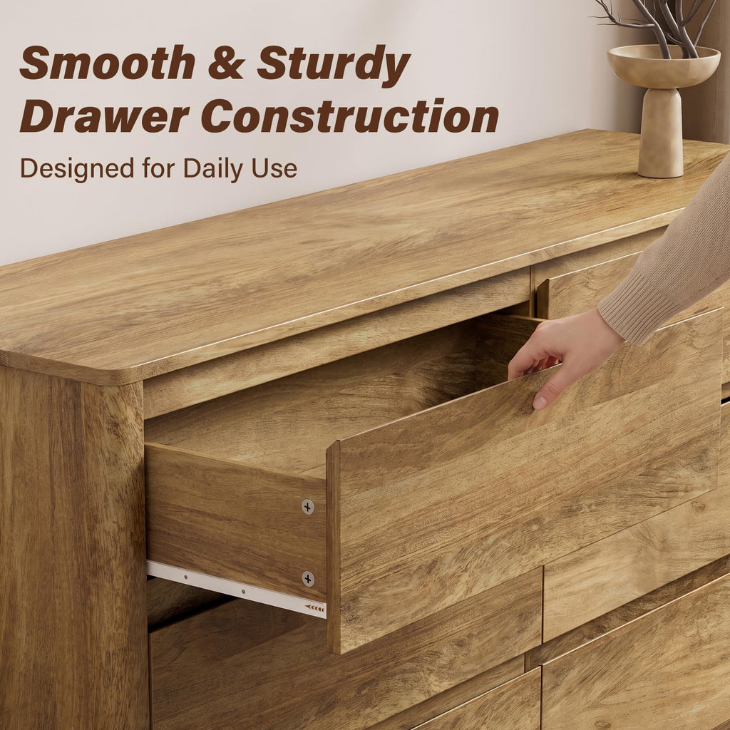 55.1" Wide 6 Drawer Wood Dresser with Legs, Natural Oak