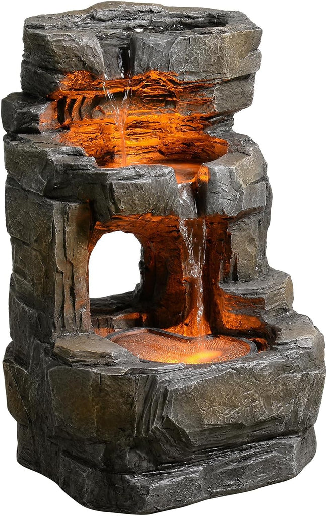 Outdoor Waterfall Fountain with LED Lights - 3-Tier Resin Rock Water Feature Patio Backyard, 21.5" Tall Fountain