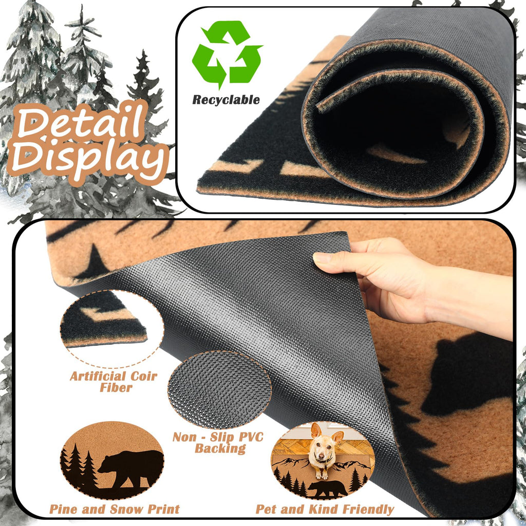 2x3 ft Rustic Black Bear Coir Door Mat, Heavy Duty Rubber Backing