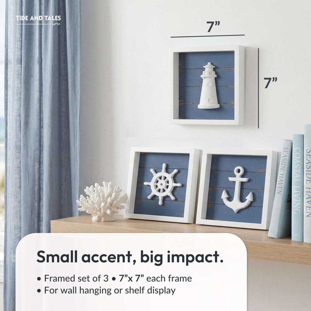 3d Nautical Wall Decor, Bathroom Wall Art, Set of 3, Blue