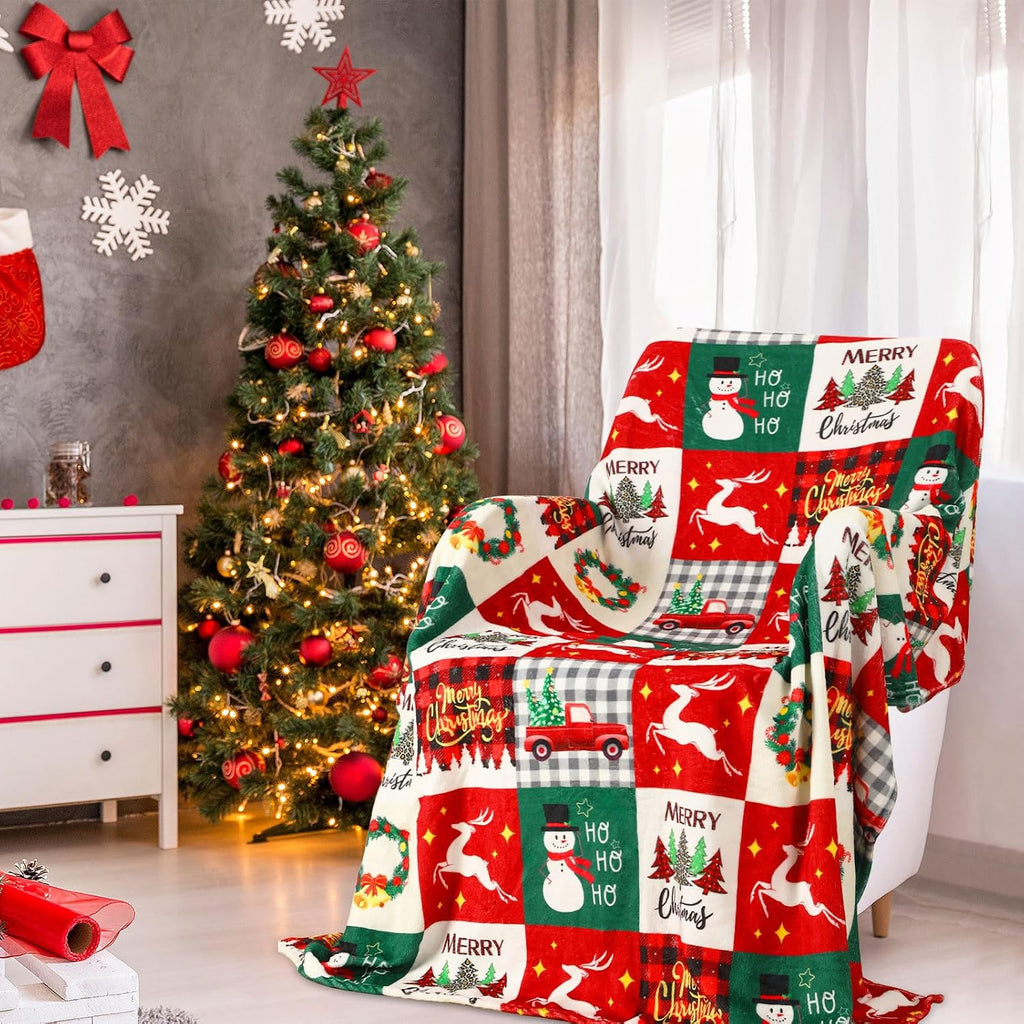 Christmas Throw Blanket Red Green Plaid Snowman Tree Couch Bed Covers