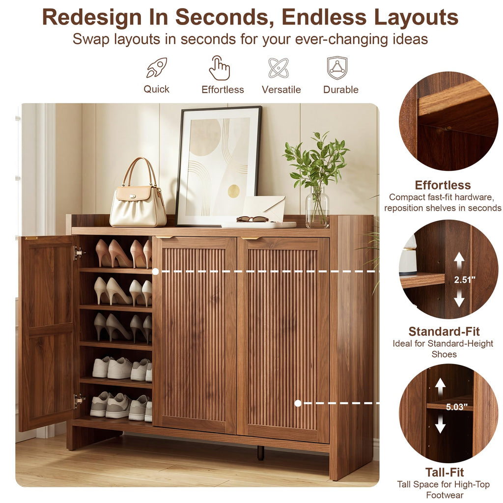 Fluted Walnut Shoe Cabinet with 3 Doors, 5-Tier Storage