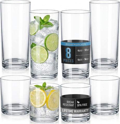 Plastic Drinking Glasses (Set of 8) - Mixed 16oz & 12oz Acrylic Shatterproof Cups & Outdoors - Glass Look - BPA &