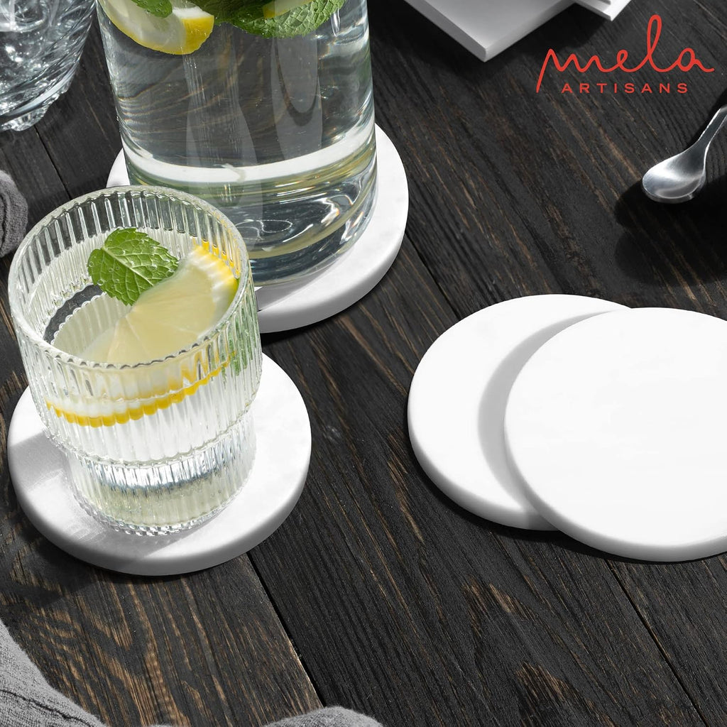 Marble Coasters - White, Round Stone Mat - Set of 4