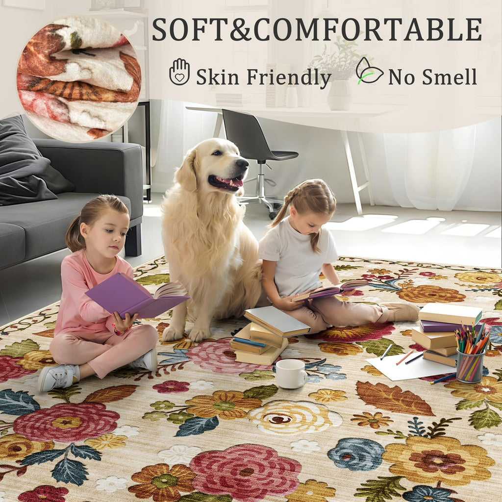 Washable 2.6x10 Runner Rug, Beige Boho Floral Non-Slip