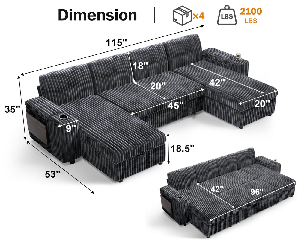 108" Modular Sectional Sleeper Sofa with Pull Out Bed, 4 Seat Plush Corduroy U Shaped Couch with USB Ports|Cup