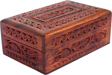 Handmade Wooden Keepsake Storage Case Jewelry Box Jewel Organizer - Floral Hand Carvings with Brass Inlay - Gifts