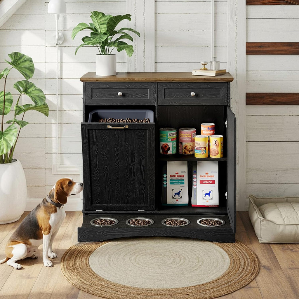 Double Door Dog Feeding Station with Storage, 10 Gallons Tilt Out Trash Can Cabinet, Dog Food Cabinet with Dog Bowls